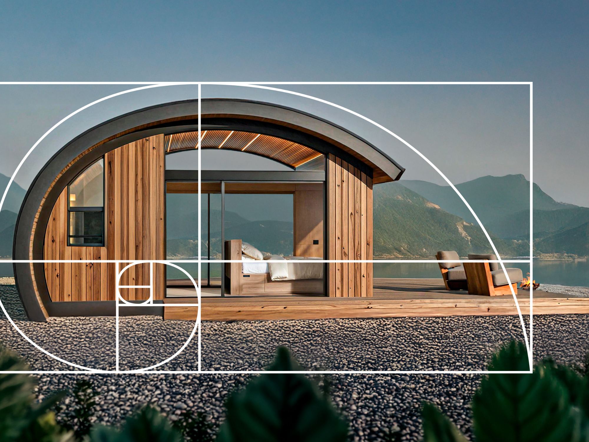 Curved timber-clad cabin overlooking water and mountains